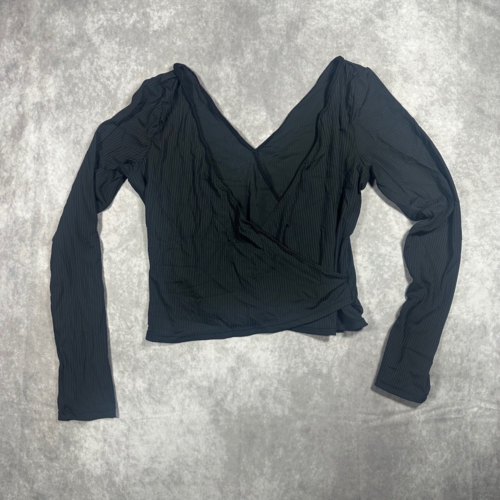 Halara Women Black Ribbed Long Sleeve Surplice Wrap V-Neck Top Large Athleisure